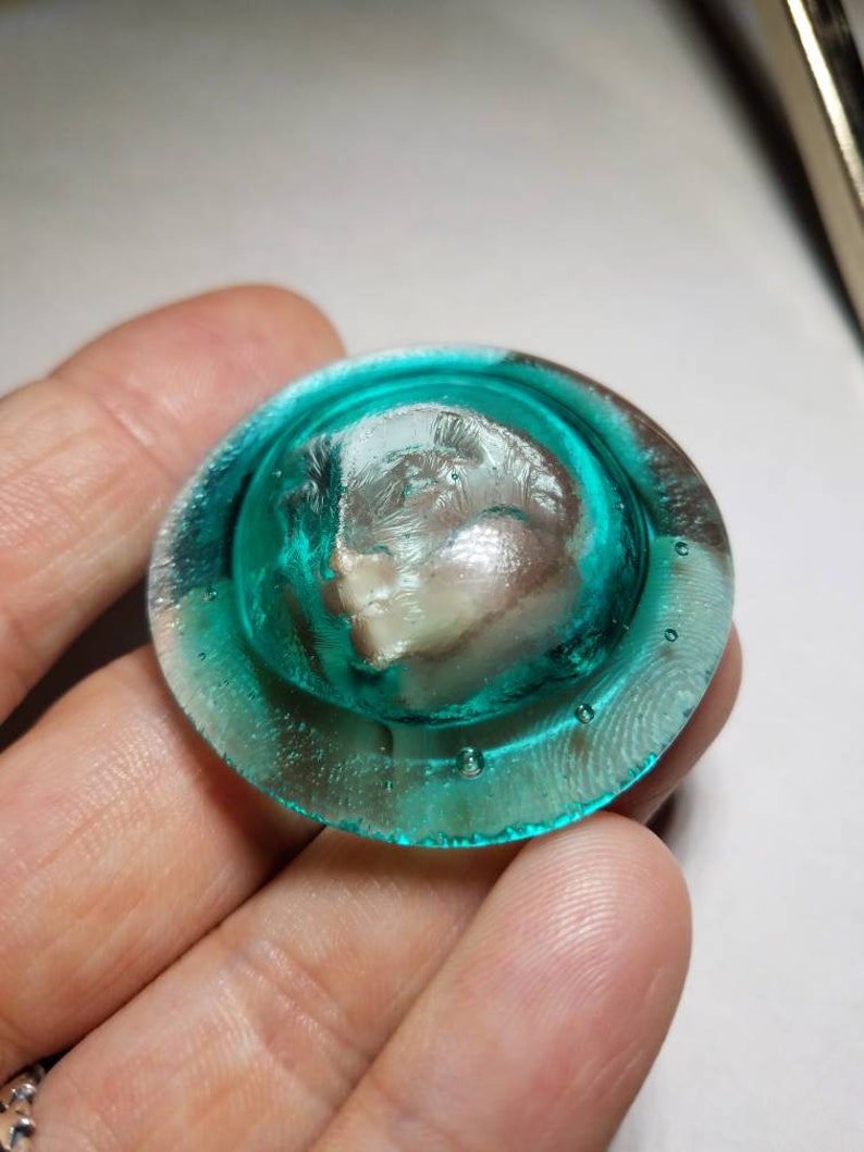 Handmade Aqua Colored Domed Moon Face Glass Cabochon,Unique Glass Moon for Jewelry Making,Handmade Glass,Celestial Glass,Handmade Moon Glass