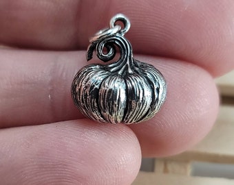 Sterling Silver Realistic Pumpkin Charm with Curled Stem,Hollow Pumpkin Halloween Charm,Textured Pumpkin Charm,Gourd Charm,Jack O'Lantern