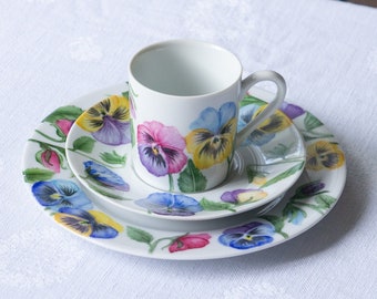 Porcelain dessert service, cup and saucer plus cake plate, unique hand-painted creation, wedding gift idea