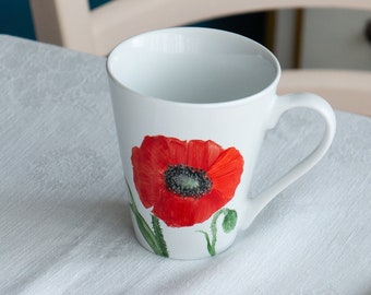 Porcelain mug with bright red poppies, meticulously hand painted, chocolate ceramic mug, coffee, tea, gift idea