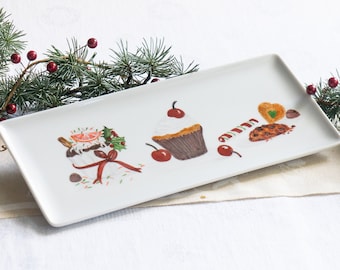 Fine porcelain cake dish decorated by hand, rectangular ceramic cake dish, "Christmas Cupcakes"