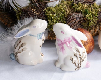 Elegant ceramic Easter bunnies decorated by hand and customizable, Easter table decoration