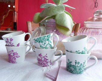 Porcelain coffee cups decorated with emerald green and garnet pink lace, gift idea for men or women