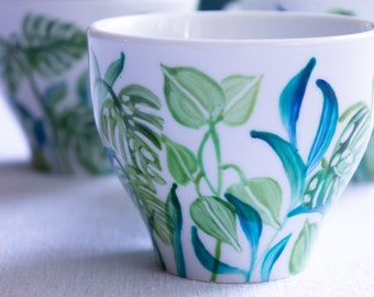 Ceramic coffee service, 4 cups emerald blue green foliage unique handmade creation