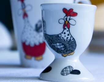 Funny chicken ceramic mug and egg cup, handmade creation, customizable coffee cup and egg cup, gift ideas for everyone