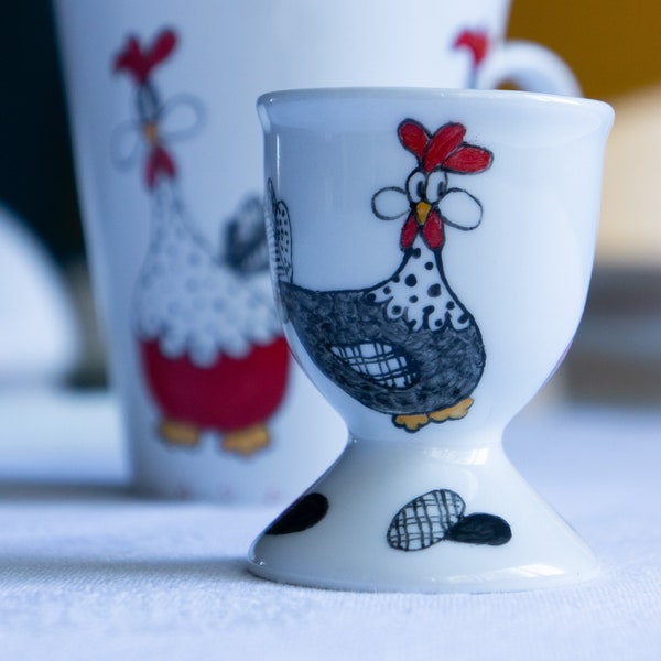 Mug et coquetier en céramique poules rigolotes, création fait-main, tasse à café et coquetier personnalisables, idées cadeaux pour tous