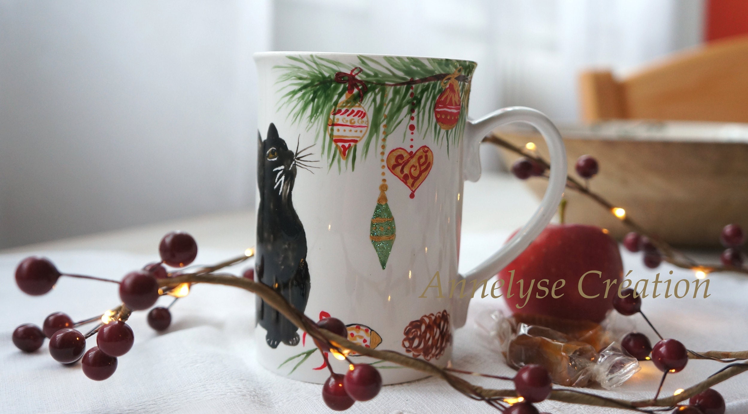 Mug Chat en Porcelaine Peint à La Main, et Sapin de Noël , Idée Cadeau Personnaliser