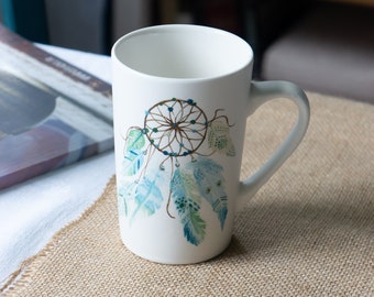 Matte porcelain mug with dream catcher patterns, unique birthday gift creation for everyone