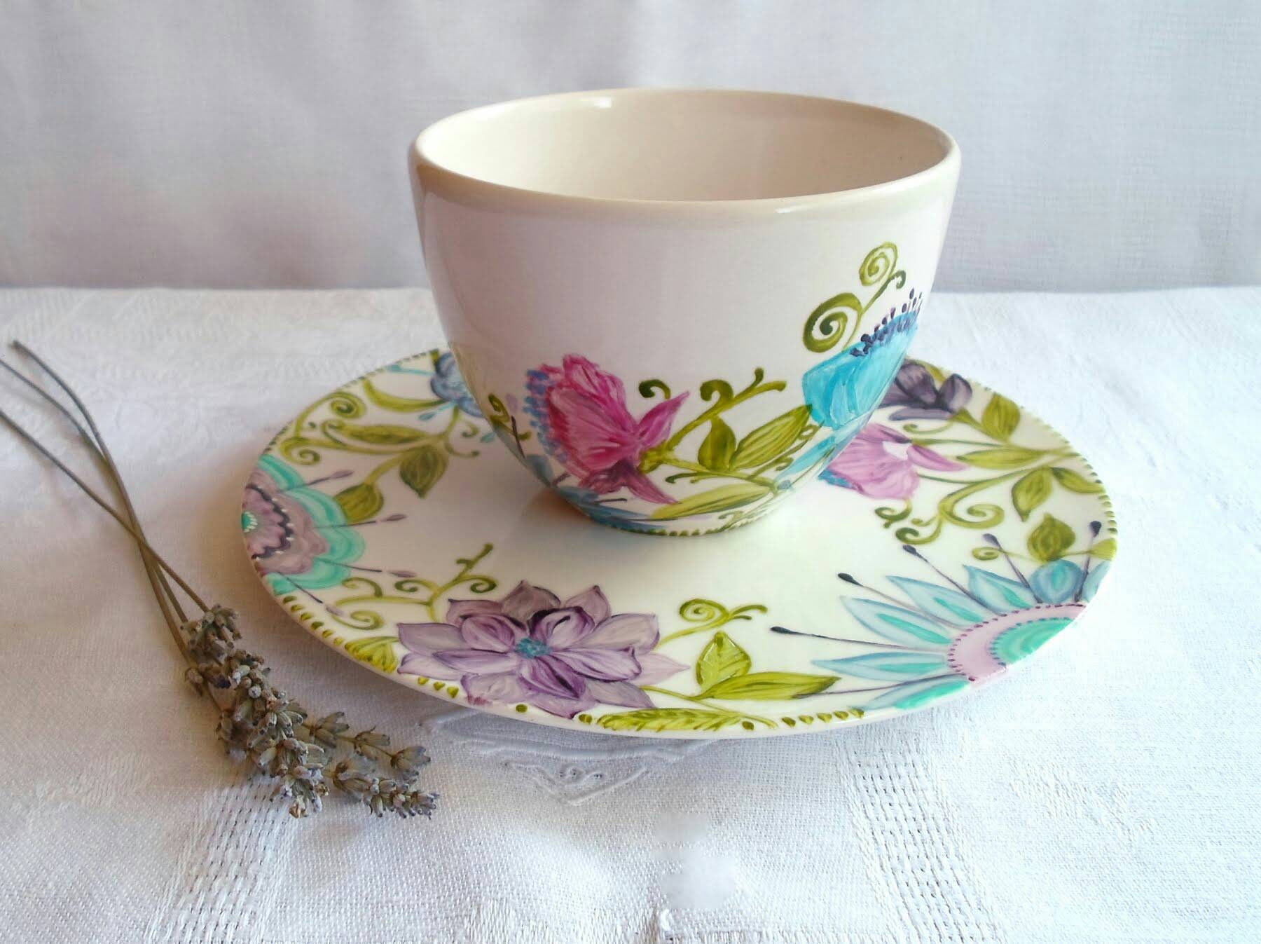 Tasse Petit Déjeuner en Porcelaine Bol et Sous Tasse Peint à La Main Motif Floral Mauve Turquoise Ca
