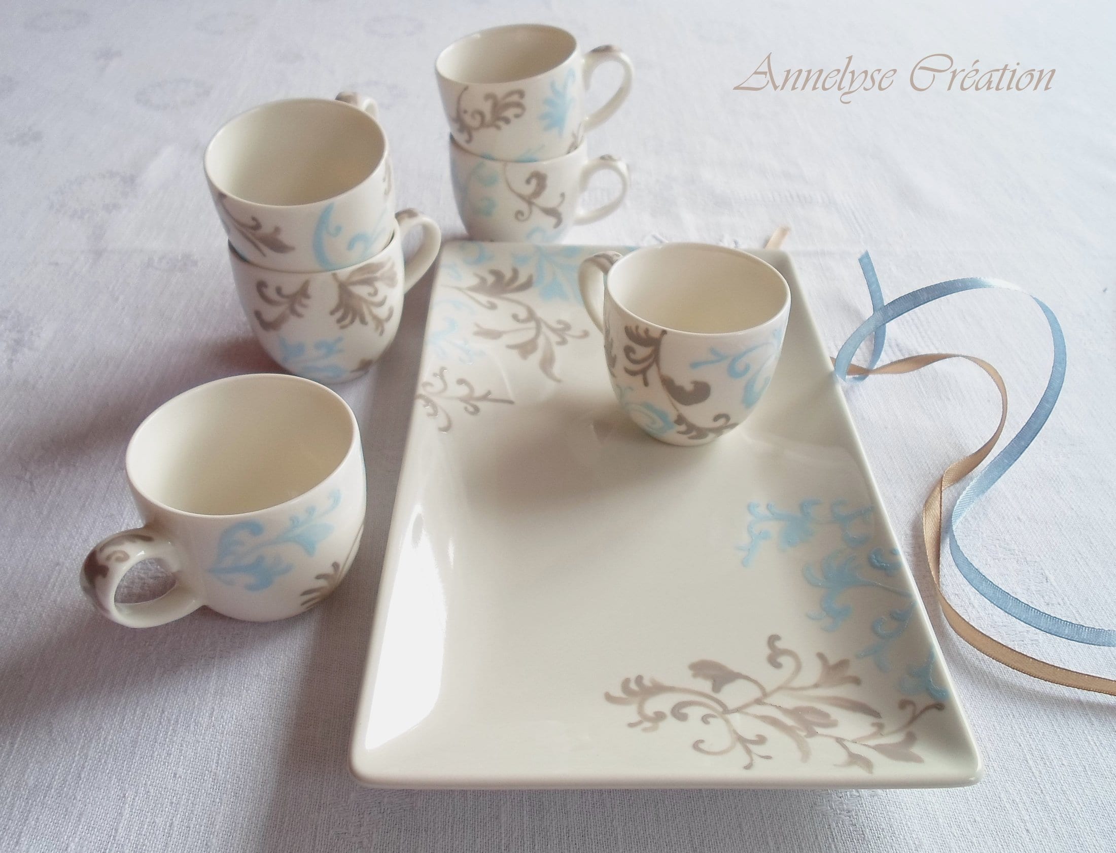 Tasses à Café et Son Plat Cake en Porcelaine, Gâteaux Service Pastel Bleu Taupe Cadeau Fait-Main