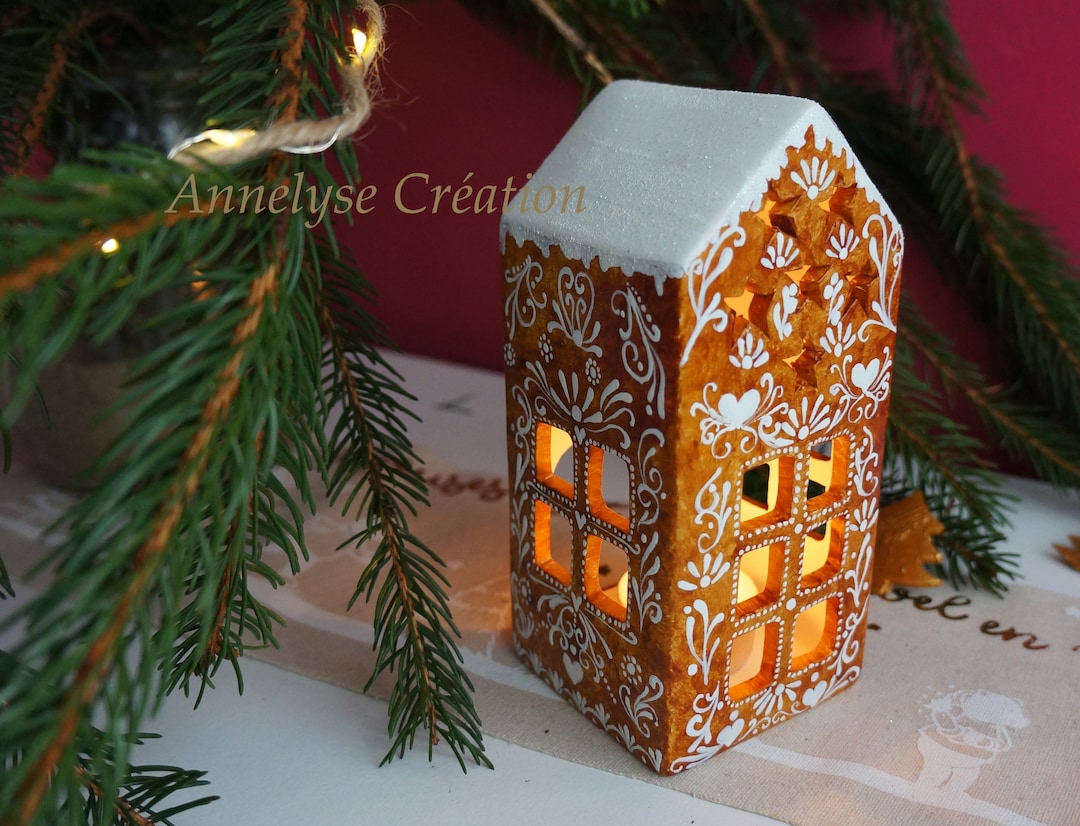 Gingerbread House Tealight Holder, Handdecorated Terracotta, Unique