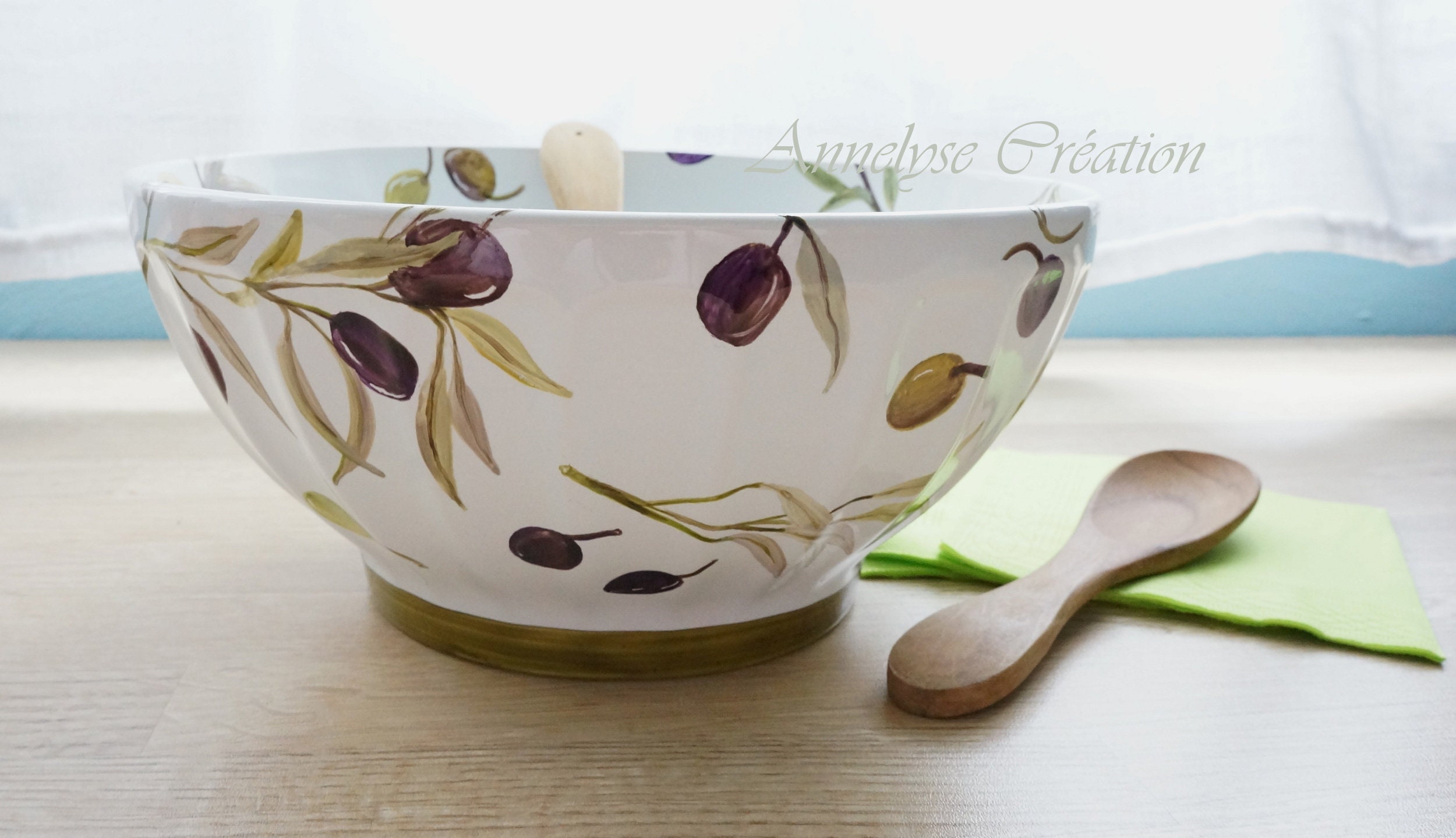 Saladier en Porcelaine Motif Olives, Style Bol Vintage à Côtes, Grand Plat Unique Décoré La Main