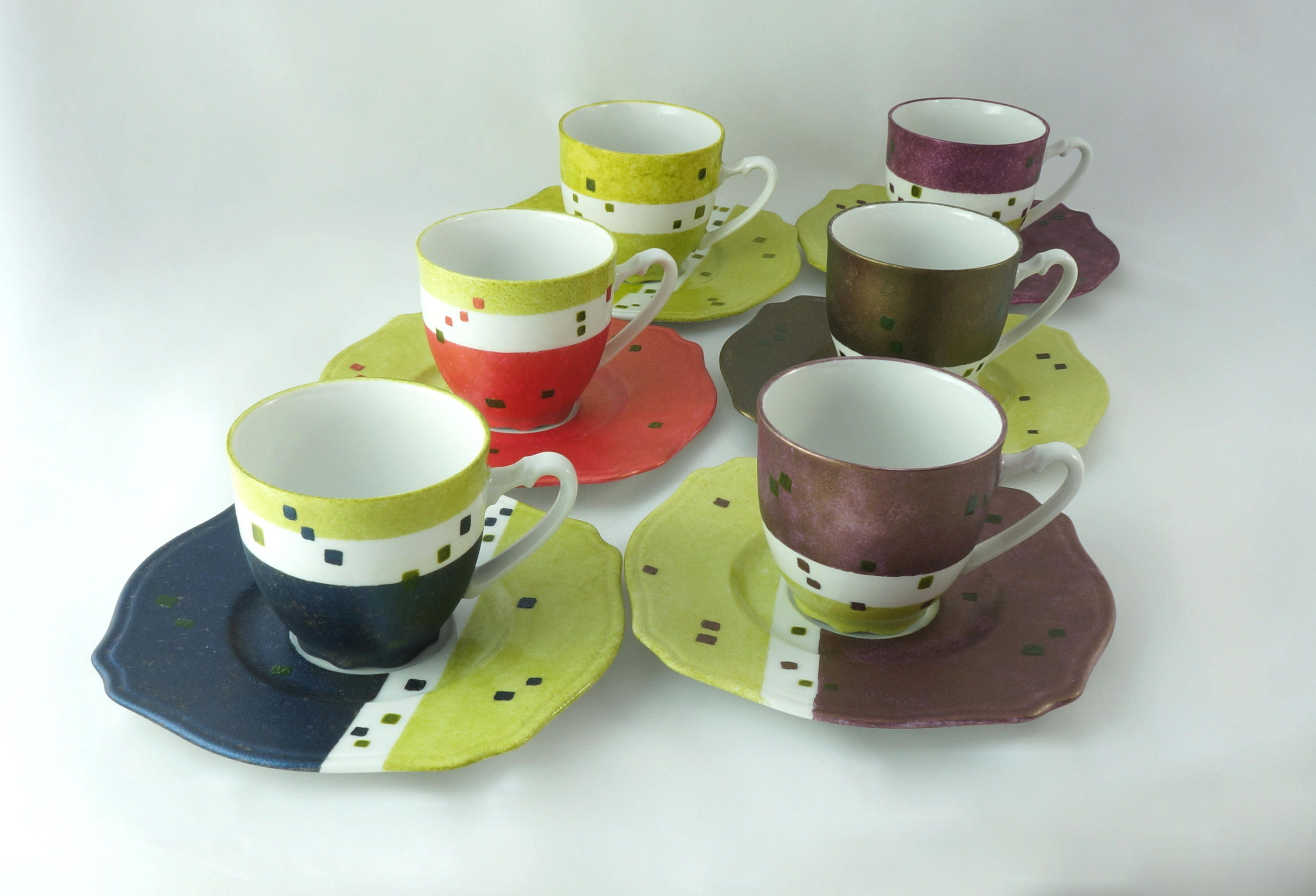 6 Tasses à Thé ou Café en Porcelaine, Cadeau Pour Tous Fait-Main Unique, Couleurs Moirées Création A