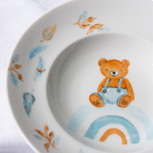 Ensemble repas en porcelaine à personnaliser pour bébé, assiette, bol et boite à dents, cadeau de naissance, baptême, ourson arc en ciel