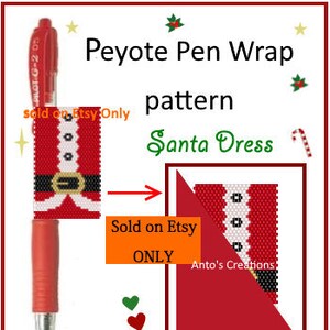 May include: A red and white peyote stitch beading pattern for a Santa Claus pen wrap. The pattern is sold on Etsy. The image shows a pen with the completed pen wrap and a close-up of the pattern.