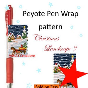 Weihnachtslandschaft 03 mit Pferd und Wagen, weihnachtliches Stifthüllenmuster, Peyote-Stichmuster, Perlenweberei, PDF-Datei, Geschenkidee