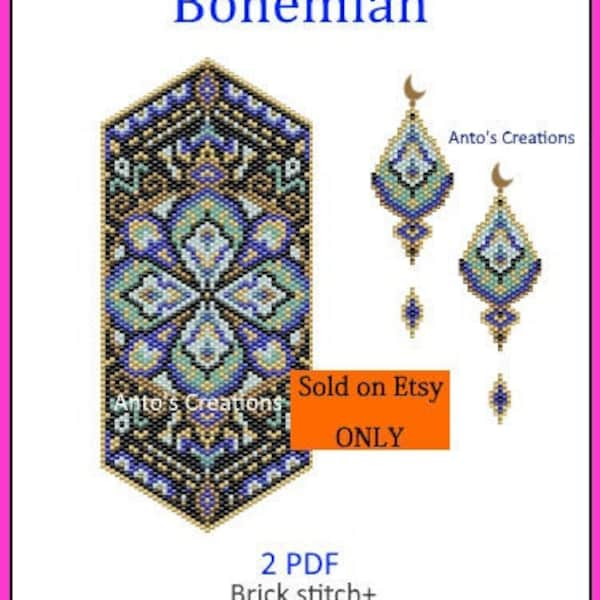 SPECIAL PRICE Combo Set of 2  beading patterns, Bohemian Bracelet+Earrings(odd count peyote stitch + Brick stitch)instant download,2 PDF