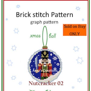 May include: A brick stitch pattern graph for a Christmas ornament featuring a Nutcracker in a blue and white ball. The pattern is titled "Nutcracker 02" and says "Merry Christmas".