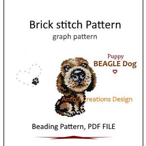 Op de afbeelding: Steekpatroon met baksteen voor een geperde Beagle-puppy. Het patroon is in PDF-formaat en bevat instructies voor het kralen.