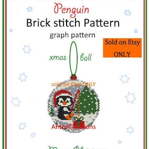 May include: A brick stitch pattern for a Christmas bauble featuring a penguin holding a gift in front of a small Christmas tree. The pattern is for a round bauble and is sold on Etsy.