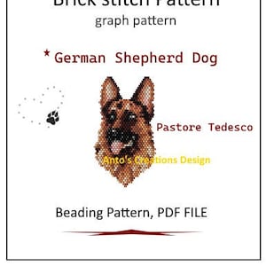 May include: Brick stitch beading pattern for a German Shepherd dog, titled "Pastore Tedesco" with the text "Anto's Creations Design" and "Beading Pattern, PDF FILE".