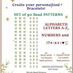 Può includere: Download digitale di 90 modelli di perline per braccialetti personalizzati. Include lettere dell'alfabeto A-Z, numeri e simboli. Presenta 45 modelli a punto mattone e 45 a punto quadrato. Testo: "Crea i tuoi braccialetti personalizzati!"