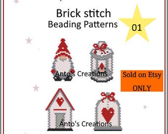 SPECIALE PRIJS - Kerstelementen n.01, Set van 4 Baksteensteekpatronen voor kerstversieringen, Shabby-stijl, Kraalweefpatronen, PDF