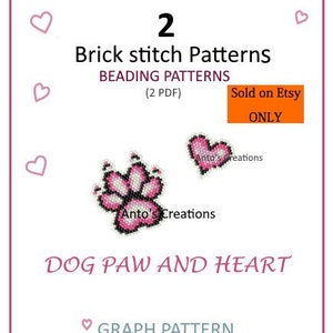 Può includere: Due modelli di perline a punto mattoncino, un'impronta di zampa rosa e un cuore rosa, con il testo "DOG PAW AND HEART" e "GRAPH PATTERN" sotto. Il testo "Sold on Etsy ONLY" è in un riquadro rosso.