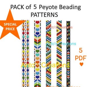 May include: A graphic featuring five Peyote beading patterns in various colors and designs. The image includes text that reads "PACK of 5 Peyote Beading PATTERNS" and "PEYOTE BRACELET PATTERNS". A star graphic with "SPECIAL PRICE" is also present.