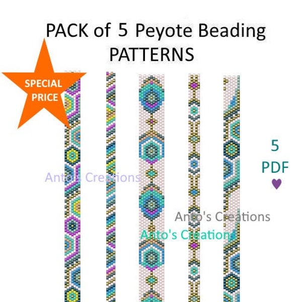 Special PRICE, 5 Beading Patterns,PACK of 5 Colorful Designs,5 Bracelet Patterns,Peyote stitch,Even and Odd count Pattern,5 PDF files