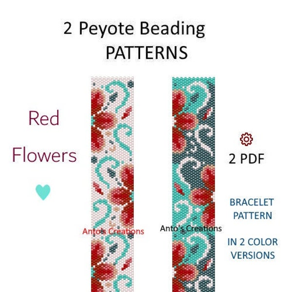 Fleurs rouges 2 motifs Peyote, tissage de perles, motifs pour bracelet, manchette, Peyote impair, 2 grilles avec 2 versions couleur, 2 fichiers PDF