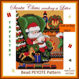 Papai Noel lendo uma carta, padrão de peiote estranho, padrão de imagem, tecelagem de pérolas, casa do Papai Noel, arquivo PDF, ideia de presente