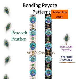 May include: Digital pattern for beaded peyote bracelets. The design features a peacock feather theme with teal, purple, and gold accents. The text reads "Beading Peyote Patterns" and "Peacock Feather".