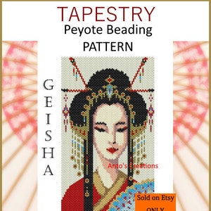 May include: A beaded tapestry pattern of a Geisha with a red and gold kimono, black hair, and a blue and gold fan. The pattern is called "Geisha" and is sold on Etsy only.
