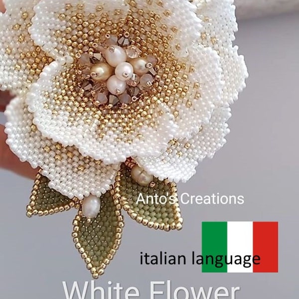 Tutorial ITALIANO White Flower,Tutorial Fiore di perline,Tutorial fotografico Step by Step,Brick stitch,Embroidery,Schema di perline,filePDF