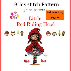 May include: A brick stitch pattern graph for beading a Little Red Riding Hood character. The pattern includes a red hooded figure with a basket of flowers, a wolf, a tree, and a house. The pattern is available for purchase on Etsy.