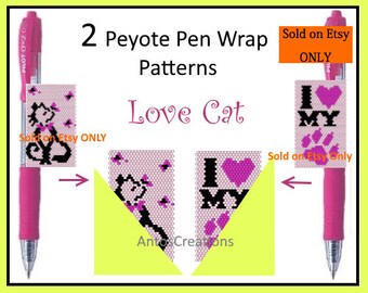 Cat with butterflies+ I Love my cat, 2 PEYOTE Pen Wrap/Cover Patterns for G2 pens by Pilot,even count Peyote stitch,2 PDF (3 colours only)