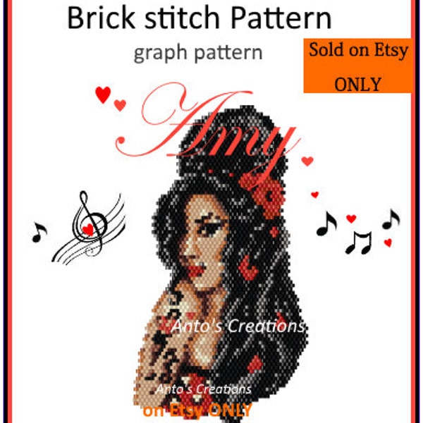 Amy, motif Brick Stitch, motif de tissage de perles pour réaliser des bijoux spéciaux ou des décorations sur des sacs et des accessoires. Fichiers PDF