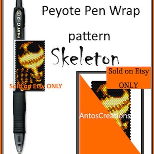 May include: A peyote stitch pen wrap pattern featuring a skeleton design in orange and yellow. The pattern is called "Skeleton" and is sold on Etsy.
