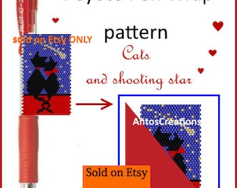 Cats in love with shooting star,beading PEYOTE Pen Wrap Pattern,Pen Cover Pattern for G2 pen by Pilot,even count Peyote stitch,PDF,gift idea