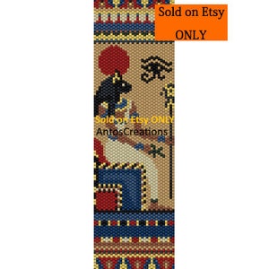May include: A beaded bracelet with an Egyptian goddess design. The goddess is depicted sitting on a throne with a sun behind her head. The bracelet is made with colorful beads and features a detailed design. "Sold on Etsy ONLY AntosCreations" text is included.