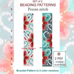 Red Flowers Bracelet Pattern,Beading Patterns,Set of 2 Patterns,Peyote stitch,Odd Count,Miyuki Pattern,beaded bracelet,PDF Instant Download