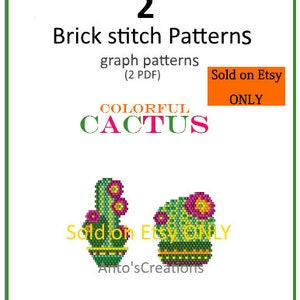 Puede incluir: Dos patrones de cactus de punto de ladrillo coloridos, cada uno con un diseño diferente. Los patrones están disponibles como descarga digital en formato PDF. El texto "COLORFUL CACTUS" se muestra en la imagen.