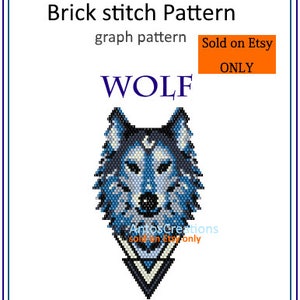 Może przedstawiać: Wzór na głowę wilka z niebieskich i białych koralików do haftu ceglanego. Wzór jest oznaczony jako "WOLF" i "graph pattern".