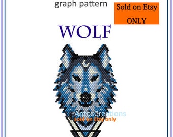 Wolf, stylistic design, blue Totem, Brick stitch pattern(or Peyote stitch pattern)beading pattern,graph pattern,PDF, Instant download