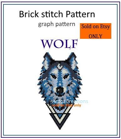 Wolf, stylistic design, blue Totem, Brick stitch pattern(or Peyote stitch pattern)beading pattern,graph pattern,PDF, Instant download