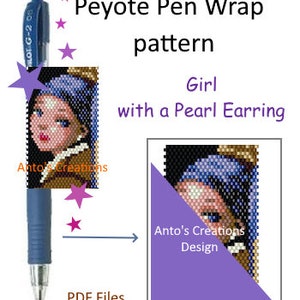 Könnte beinhalten: Ein Peyote-Stich-Perlenmuster für eine Stiftummantelung mit einem Mädchen mit einem Perlenohrring. Das Muster ist als PDF-Download erhältlich. Das Bild zeigt einen Stift mit einem Perlenmuster und eine Nahaufnahme des Perlenmusters.