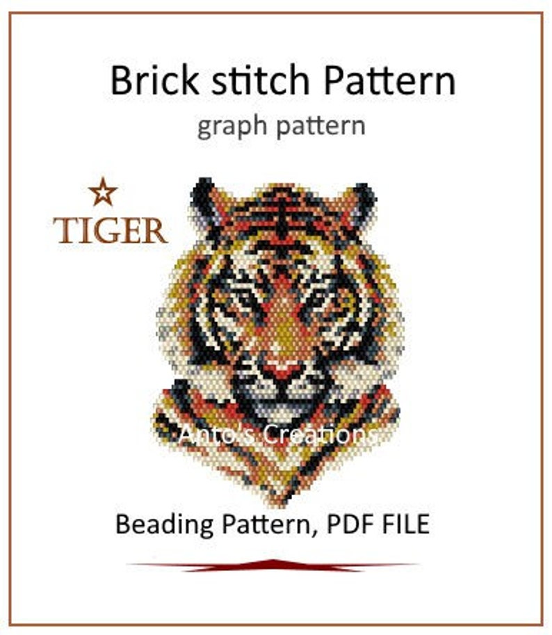 Peut inclure: Un mod&egrave;le de perlage num&eacute;rique PDF avec un motif de visage de tigre en orange, noir et cr&egrave;me. Le texte indique "Brick stitch Pattern" et "Beading Pattern, PDF FILE". Le mot "TIGER" est &eacute;galement inclus. Le motif est un motif graphique.