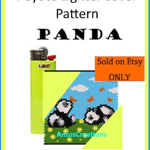 May include: A pattern for a peyote stitch lighter cover featuring two pandas in a green field with blue sky and orange butterflies. The pattern is titled "PANDA" and is sold on Etsy only.