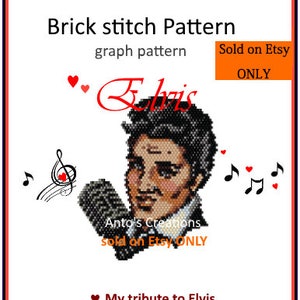 May include: A brick stitch pattern graph for beading a portrait of Elvis Presley singing into a microphone. The pattern includes musical notes and hearts. The text "Sold on Etsy ONLY" appears twice in the image.